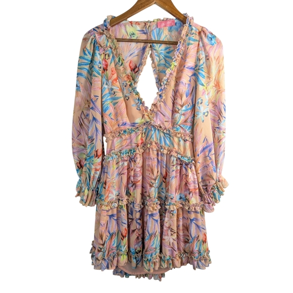 Lilly's Closet Dresses & Skirts - Lilly's Closet Pink Floral Open Back Sheer Sleeves Mini Dress Size M